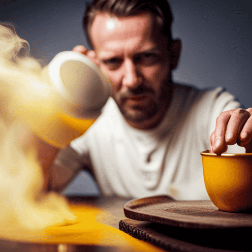 Nt, close-up image of a person holding a cup filled with steaming turmeric tea, their face contorted in slight discomfort, as golden droplets spill from the cup onto a table, staining it bright yellow