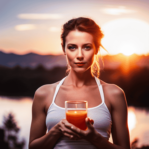 An image showcasing a vibrant sunrise with a woman holding a glass of warm turmeric water, radiating a healthy glow