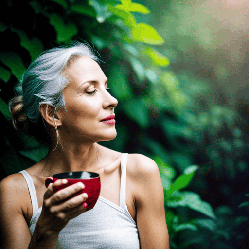 An image showcasing a woman peacefully sipping a steaming cup of herbal tea, surrounded by vibrant botanicals