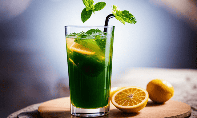 An image capturing the effervescent fusion of yerba mate and alcohol: a vibrant green, frothy concoction swirling inside a sleek glass, adorned with fresh mint leaves and tangy citrus slices