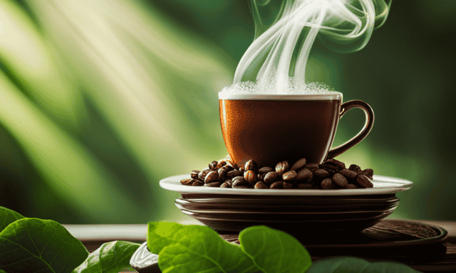 An image showcasing a vibrant, close-up shot of a steaming cup of chicory root coffee, surrounded by fresh green leaves