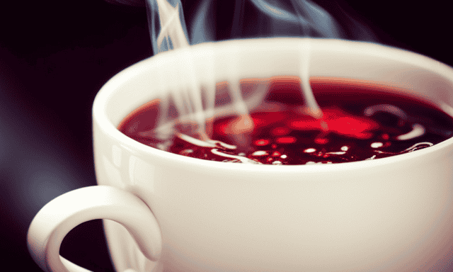 -up shot of a steaming cup filled with a deep red herbal infusion, emanating a rich and earthy aroma
