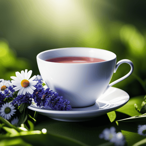 An image showcasing a serene, tranquil scene: a delicate porcelain teacup filled with soothing herbal tea, surrounded by a lush garden brimming with chamomile, lavender, and passionflower, exuding a calming aura that mirrors the effects of Valium