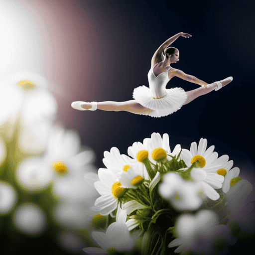 An image of a graceful ballerina in mid-air, surrounded by a vibrant bouquet of chamomile, lavender, and peppermint leaves