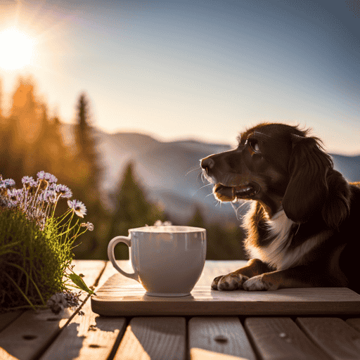 An image showcasing a serene scene of a contented dog resting beside a steaming cup of chamomile tea and surrounded by vibrant herbs like lavender, peppermint, and dandelion, highlighting the benefits of herbal teas for dogs
