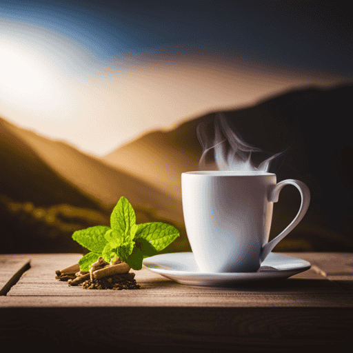 An image showcasing a serene setting with a cup of steaming herbal tea surrounded by vibrant, slimming ingredients like green tea leaves, lemon slices, ginger roots, and mint leaves