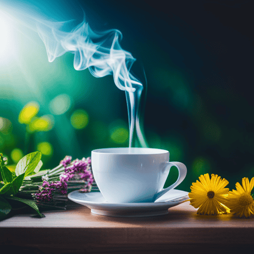 An image showcasing a cup of steaming herbal tea, surrounded by fresh herbs like dandelion, peppermint, and ginger