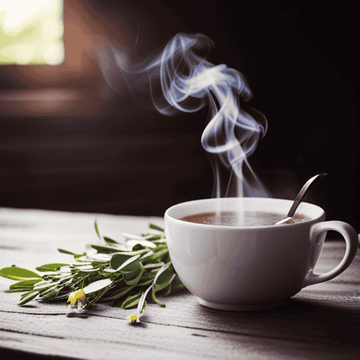 An image showcasing a steaming cup of herbal tea infused with eucalyptus leaves, thyme sprigs, and chamomile flowers