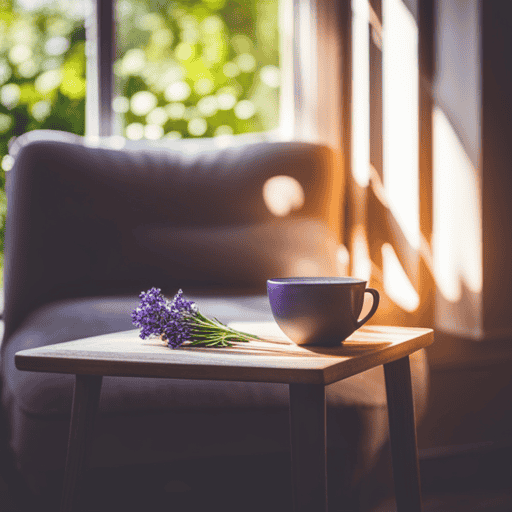 An image featuring a serene, sunlit room with a cozy armchair and side table adorned with a steaming cup of chamomile tea, surrounded by various soothing herbs like lavender, ginger, and turmeric