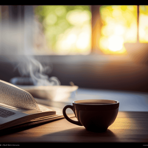 An image showcasing a serene setting, with a cozy, sunlit nook adorned by a cup of herbal tea, delicate steam wafting upwards