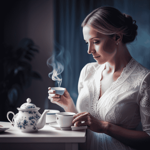 An image showcasing a serene, pastel-hued scene: a glowing expectant mother, cradling her baby bump, savoring a cup of steaming herbal tea from a delicate porcelain teacup adorned with soothing chamomile flowers