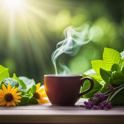 An image showcasing a steaming cup of herbal tea, rich in vibrant green hues, surrounded by freshly picked leaves and delicate flowers