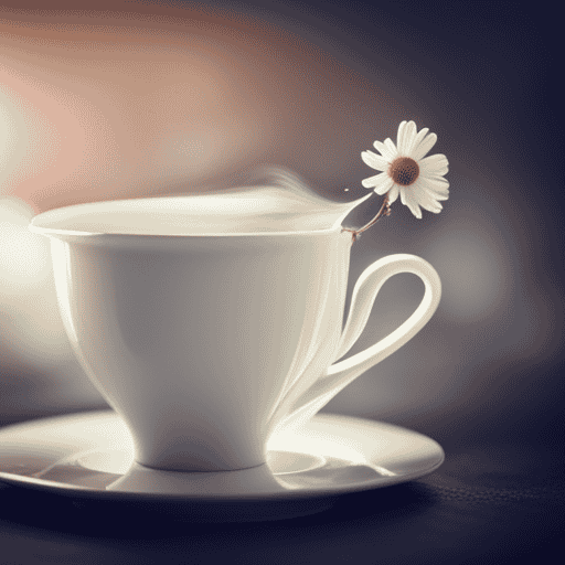An image showcasing a delicate porcelain teacup filled with aromatic chamomile tea infused with a splash of creamy milk, accented by vibrant chamomile flowers and a swirling wisp of steam