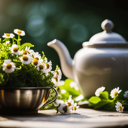 An image showcasing a vibrant, lush garden filled with aromatic chamomile, mint, and lavender plants, surrounded by delicate teacups brimming with steaming herbal infusions, conveying the power of herbal tea in curing ailments