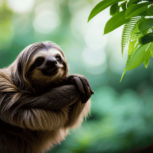 An image featuring a lush rainforest backdrop with a sloth perched on a branch