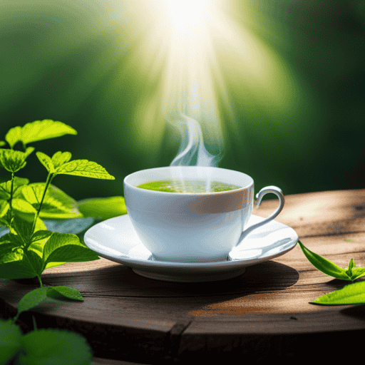 An image showcasing a serene, verdant landscape with a vibrant teacup brimming with detoxifying herbal tea