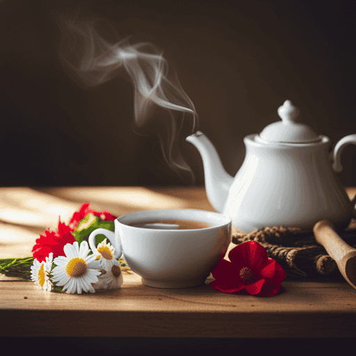 An image of a rustic wooden table adorned with a delicate porcelain teapot, oozing fragrant steam, surrounded by vibrant botanicals like chamomile, peppermint, and hibiscus, showcasing the diverse range of herbal teas that are naturally caffeine-free