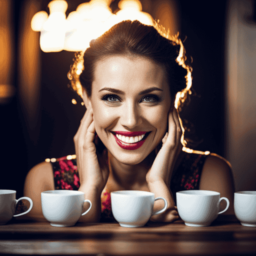 An image featuring a vibrant smile showcasing sparkling white teeth, surrounded by a collection of porcelain cups filled with various herbal teas, emphasizing their colorful hues and lack of staining properties