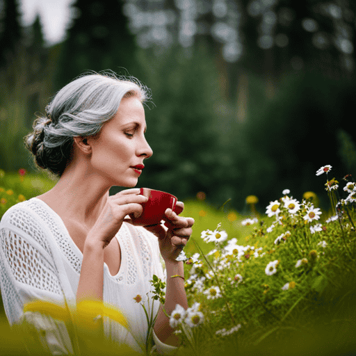 An image showcasing a serene setting, where a woman is delicately sipping a cup of steaming herbal tea