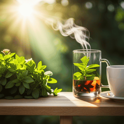 An image showcasing a serene setting with a steaming cup of herbal tea made from adaptogenic herbs like licorice root, ashwagandha, and rhodiola, surrounded by lush greenery and sunlight filtering through the leaves