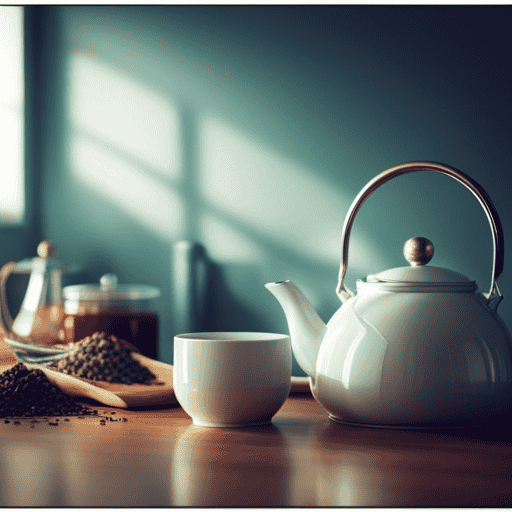 An image showing a serene, pastel-toned kitchen counter, adorned with an assortment of aromatic herbal teas such as peppermint, ginger, chamomile, and fennel