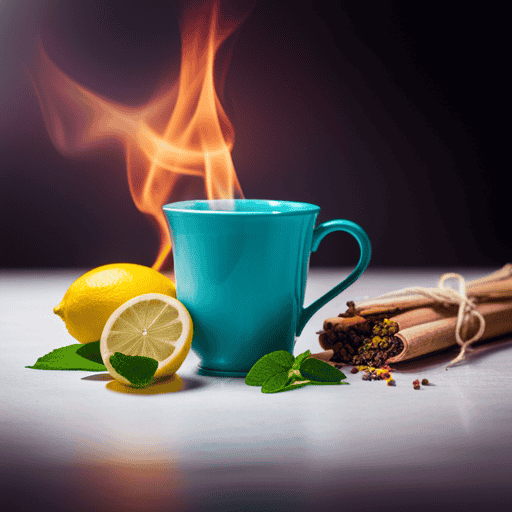 An image featuring a steamy cup of herbal tea with a vibrant green hue, surrounded by fresh lemon slices, ginger roots, and mint leaves