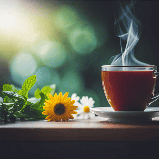 An image showcasing a soothing cup of herbal tea in a cozy setting, with steam gently rising from the cup and a collection of healing herbs like chamomile, ginger, and peppermint surrounding it