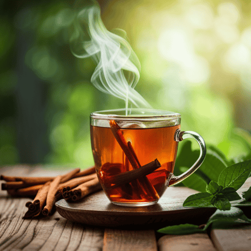 An image showcasing a steaming cup of herbal tea in a rustic mug, adorned with fresh cinnamon sticks and vibrant green leaves