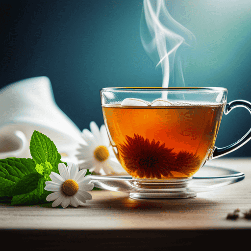 An image showcasing a serene, steaming cup of chamomile herbal tea, gently pouring into a delicate porcelain teacup adorned with soothing mint leaves, illustrating the calming effects of herbal tea on diarrhea