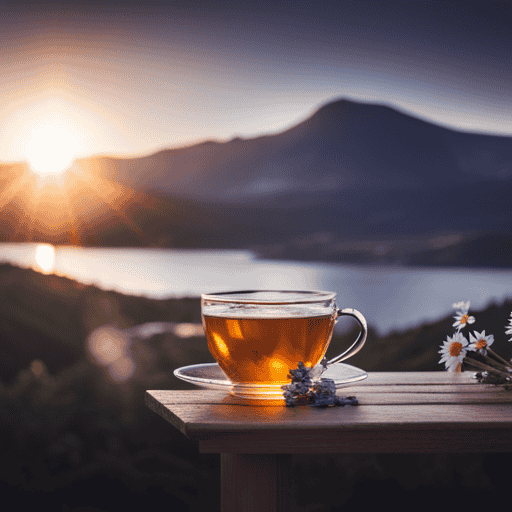 An image showcasing a serene setting, with a steaming cup of chamomile tea infused with lavender, mint, and ginger