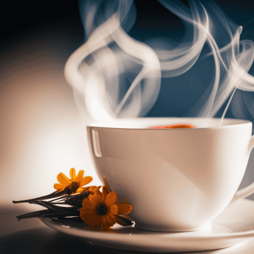 An image depicting a soothing cup of chamomile tea, steam rising gently while a vibrant red rosemary sprig gracefully floats nearby