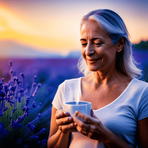 An image showcasing a serene scene: a woman, radiating calmness, gently holding a steaming cup of chamomile tea, surrounded by vibrant lavender flowers