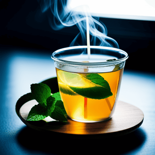 An image showcasing a vibrant, steaming cup of green tea infused with ginger, turmeric, and lemon, surrounded by fresh mint leaves and a tape measure gently coiled around it, symbolizing the reduction of belly fat