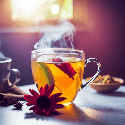 An image showcasing a steaming cup of golden turmeric tea, infused with fresh ginger and vibrant lemon slices