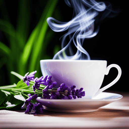 An image showcasing a delicate teacup brimming with a steaming infusion of chamomile tea, surrounded by soothing sprigs of lavender and mint leaves