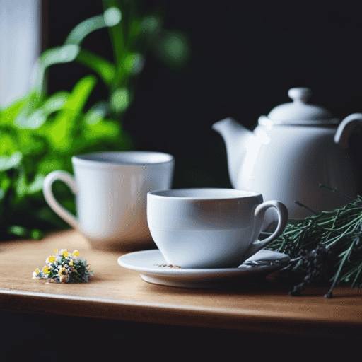 An image showcasing a serene setting with a cozy nook, filled with aromatic chamomile and lavender tea steeping in delicate porcelain cups, surrounded by vibrant green herbs like peppermint and ginger, alluding to their headache-relieving properties
