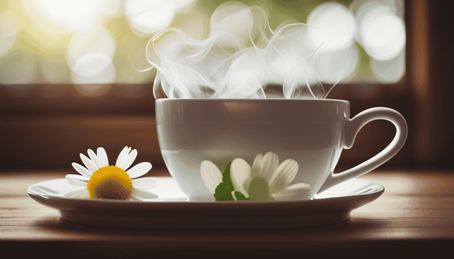 An image of a soothing cup of chamomile herbal tea, steam rising gently from its delicate white petals, as it sits on a wooden table surrounded by fresh mint leaves and a slice of calming ginger