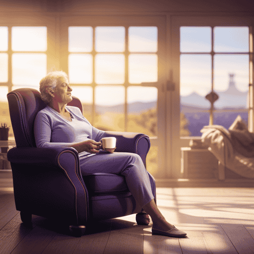 An image showcasing a serene, sunlit room with a cozy armchair, where a person sits, cradling a warm cup of chamomile tea, surrounded by vibrant lavender plants and soothing essential oils diffusing in the air