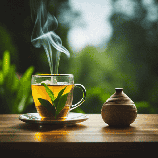 An image featuring a vibrant cup of herbal tea, infused with slenderizing ingredients like green tea leaves, ginger slices, and lemon wedges