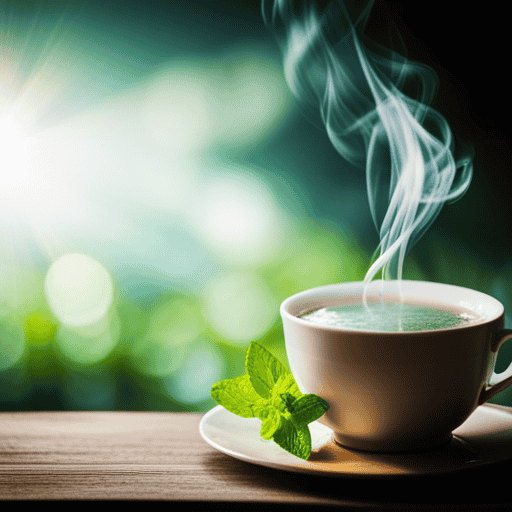 An image showcasing a steaming cup of fragrant green tea, surrounded by fresh mint leaves, slices of lemon, and a sprinkle of ginger, evoking a refreshing and invigorating herbal concoction for weight loss