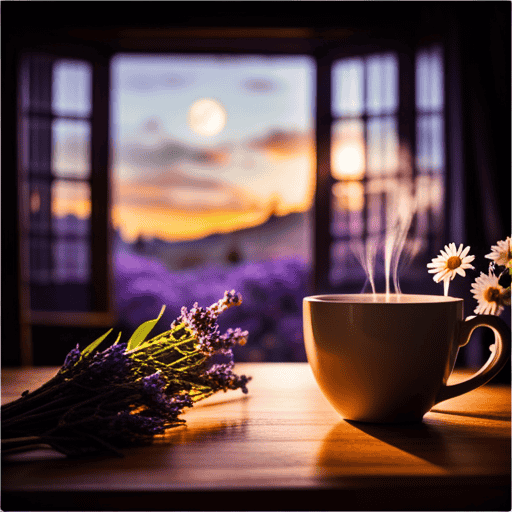 An image of a serene moonlit scene with a cozy bedroom window overlooking a tranquil garden, where a steaming cup of chamomile tea sits on a bedside table, surrounded by blooming lavender plants
