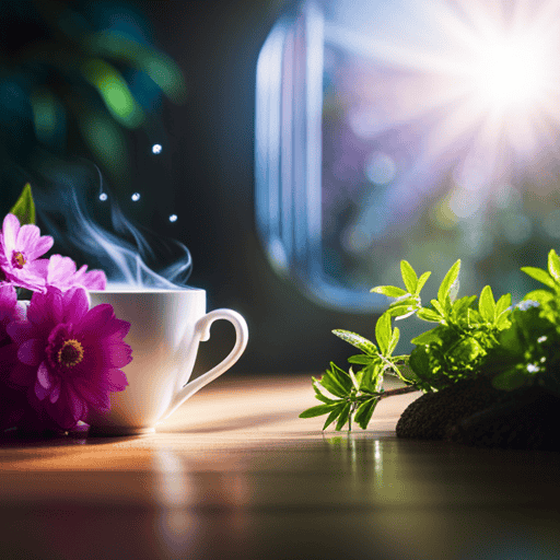 An image showcasing an enchanting, ethereal scene with a delicate porcelain teacup filled with aromatic herbal tea, surrounded by vibrant sprigs of mystical plants and shimmering crystals, evoking the essence of enhanced psychic powers