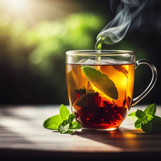 An image showcasing a luscious glass filled with a vibrant, amber-hued herbal tea