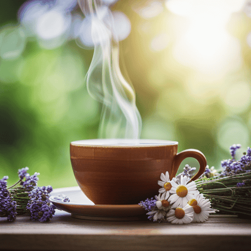An image showcasing a steamy cup of chamomile tea brimming with fragrant chamomile flowers, surrounded by fresh sprigs of thyme and soothing lavender, evoking a sense of calmness and relief for a nagging cough