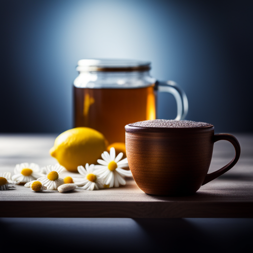 An image showcasing a soothing, steamy cup of chamomile herbal tea, garnished with fresh lemon slices and a dollop of honey, providing relief to a sore throat