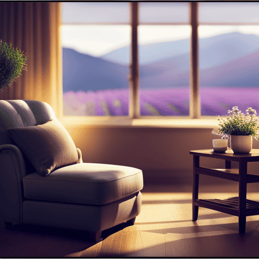 An image showcasing a serene, sunlit room with a cozy armchair, adorned with a steaming cup of chamomile tea, surrounded by vibrant lavender and mint leaves, evoking a soothing ambiance for headache relief