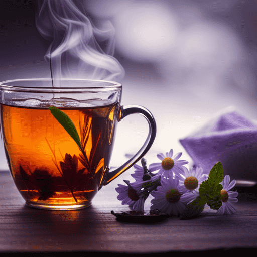 An image of a serene scene with a warm cup of herbal tea, steam gently rising, delicate chamomile flowers floating in it, next to a soothing lavender sachet and a bunch of fresh mint leaves