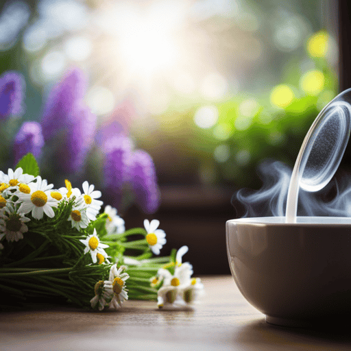 An image depicting a serene scene of a cozy, sunlit corner with a steaming cup of herbal tea made from chamomile, lavender, and lemon balm, surrounded by fragrant flowers and healing herbs