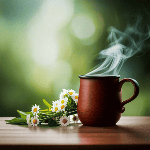 An image depicting a serene scene of a steaming mug filled with fragrant herbal tea surrounded by vibrant eucalyptus leaves, peppermint sprigs, and chamomile flowers, symbolizing relief for a sinus headache