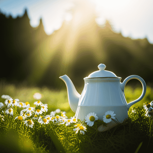 An image showcasing a serene, sun-kissed meadow with delicate chamomile flowers and vibrant nettle leaves gently steeping in a teapot, evoking a soothing aroma that alleviates allergy symptoms